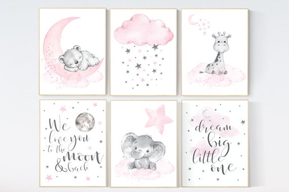 Nursery decor girl elephant, giraffe, bear, pink grey nursery, pink gray, girl nursery room decor, cloud, moon, stars, set of 6 prints