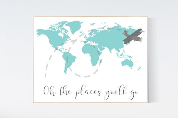 Oh the places you'll go, nursery decor travel, World Map wall art, world map nursery, teal navy nursery decor, world map wall art, teal