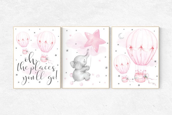 Nursery decor girl elephant, pink and gray, hot air balloon, pink grey, cloud and stars, hot air balloons, nursery wall art, nursery prints