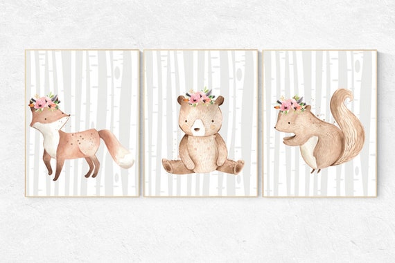 Nursery decor girl woodland, woodland animals nursery, Nursery prints woodland, baby room woodland, fox nursery, teddy bear nursery, neutral