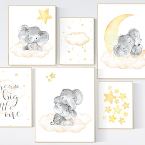 Nursery decor elephant, yellow grey nursery wall art, moon and stars, yellow nursery, gender neutral, twin nursery, unisex, yellow gray