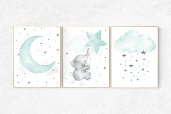 Nursery decor neutral, Nursery decor turquoise, Nursery decor elephant, Mint nursery decor, aqua nursery art, mint green, cloud and star