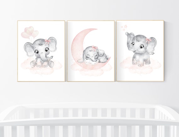 Nursery wall art girl elephant, blush pink and grey, nursery decor girl, blush pink, moon, stars, nursery prints, baby girl nursery, animals