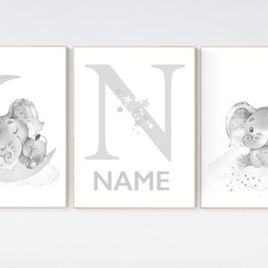 Grey nursery wall art, elephant nursery wall art, moon and stars, gender neutral, gray nursery art, baby room decor, neutral, twin nursery