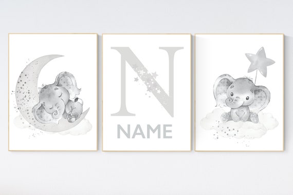 Grey nursery wall art, elephant nursery wall art, moon and stars, gender neutral, gray nursery art, baby room decor, neutral, twin nursery