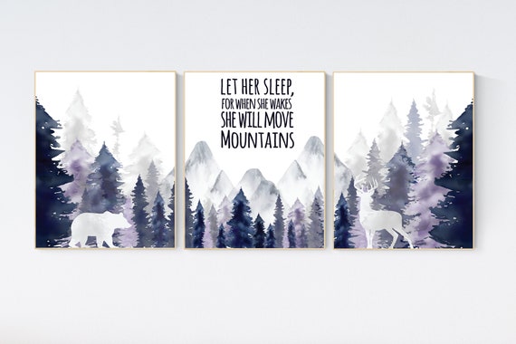 Nursery decor woodland, mountain wall art, tree nursery decor, adventure theme nursery, forest, navy, purple nursery, woodland animals