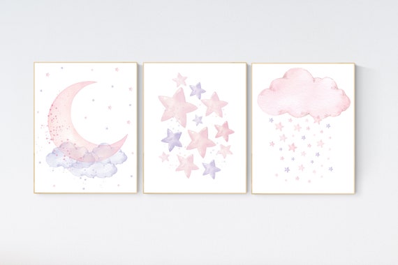 Nursery decor girl, Purple and pink, moon and stars, lilac, pink, baby room, girl nursery decor, stars nursery, lavender and pink