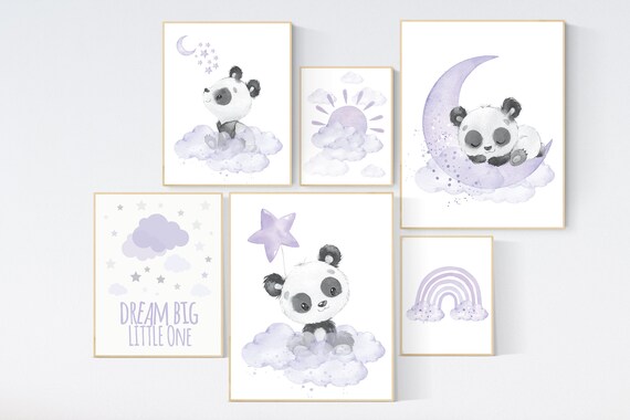 Nursery decor girl, panda nursery, purple and gray nursery wall art, panda nursery print, nursery decor animal, lilac, lavender, purple