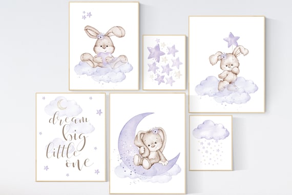 Nursery decor girl flower bunny, Nursery wall art girl, Rabbit nursery print, nursery print set girl, purple, lilac nursery, bunny