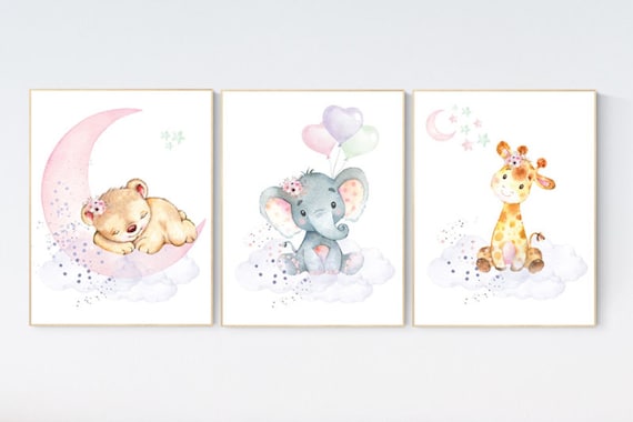 Canvas Listing: Nursery decor floral jungle, nursery decor animals, Nursery wall art girl elephant, giraffe, bear, pink