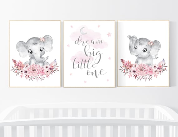 Nursery wall art elephant, flower nursery decor girl, nursery decor girl floral, Boho baby room, pink nursery decor, flower baby room