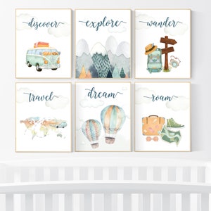 Travel nursery print, Explore nursery wall art, Baby boy nursery, Adventure Set of 6 prints, Camping Prints, Adventure Nursery Decor