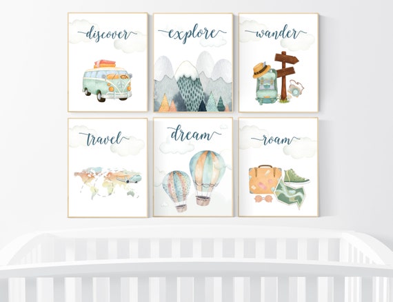 Travel nursery print, Explore nursery wall art, Baby boy nursery, Adventure Set of 6 prints, Camping Prints, Adventure Nursery Decor