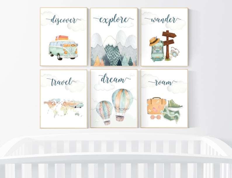 Travel nursery print, Explore nursery wall art, Baby boy nursery, Adventure Set of 6 prints, Camping Prints, Adventure Nursery Decor image 2