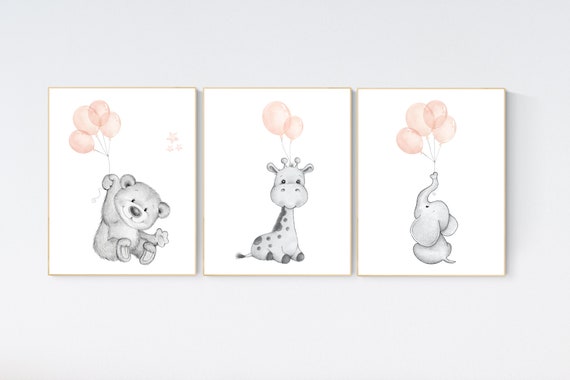 Blush pink nursery decor, girl nursery, animal prints, animal balloon, elephant, bunny, bear, nursery decor girl, blush nursery decor