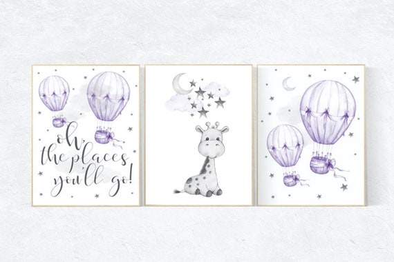 Nursery decor girl purple, nursery decor giraffe, Nursery decor girl lavender and gray, oh the places you'll go, lilac, hot air balloons