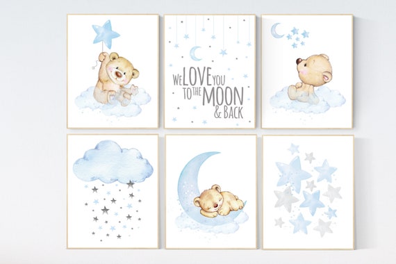 Nursery decor boy bear, boys nursery prints. nursery decor boy ideas, nursery art ideas, baby blue, grey, nursery wall art, sky, moon, stars