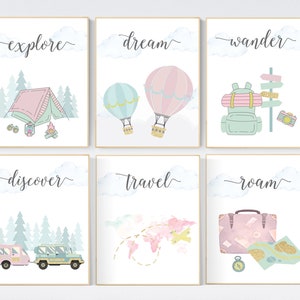 Travel nursery print, Explore nursery wall art, Baby boy nursery, Adventure Set of 6 prints, Camping Prints, Adventure Nursery Decor