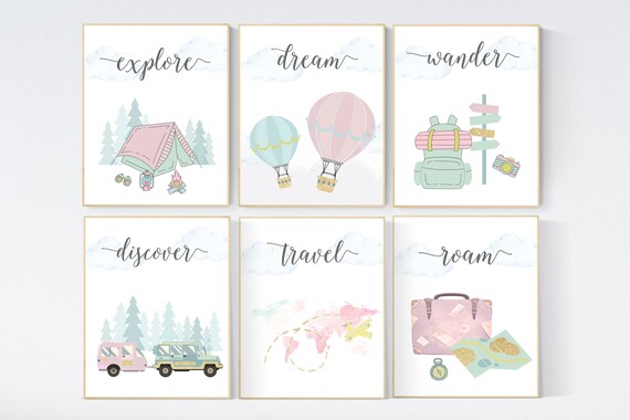 Travel nursery print, Explore nursery wall art, Baby boy nursery, Adventure Set of 6 prints, Camping Prints, Adventure Nursery Decor