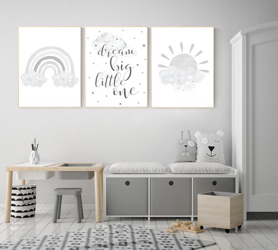 Nursery wall art gray and white, grey nursery, nursery decor neutral, baby room decor gender neutral cloud and stars, dream big little one