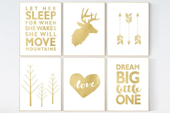 Gold nursery decor, gold girl nursery, let her sleep, adventure nursery decor, adventure nursery prints, dream big, nursery decor gold