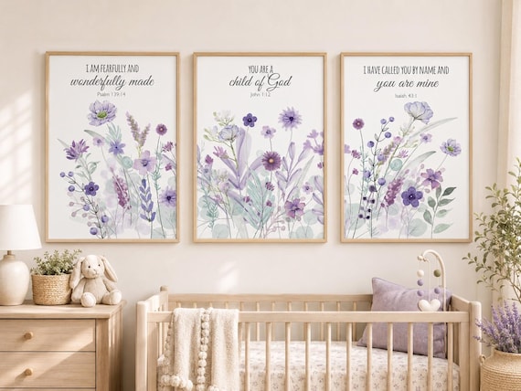 Purple Wildflower Nursery Decor: Bible Verse Art Print