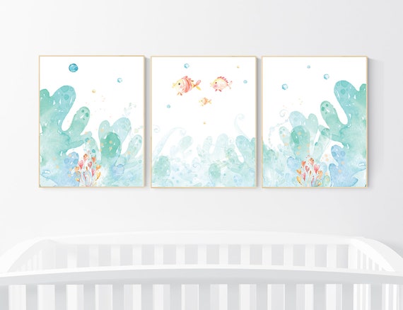 Under the sea wall art, Ocean nursery decor, Nautical nursery print set, under the sea nursery, gender neutral nursery, ocean, nautical