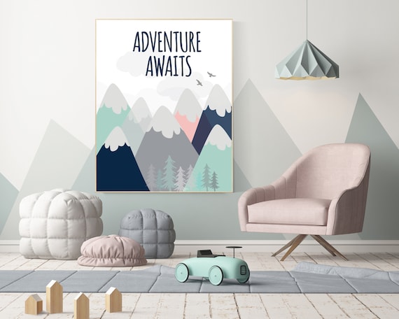 Nursery decor boy adventure, mountain nursery wall art, woodland, adventure awaits, nursery decor neutral, baby room decor mountains