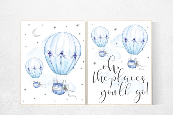 Nursery decor boy, nursery decor hot air balloons, hot air balloon nursery, blue and gray nursery, blue nursery wall art, boys room decor