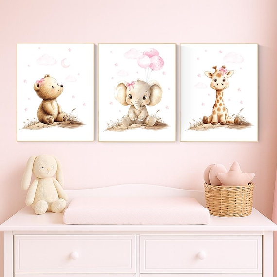 Pink Safari Animal Nursery Art, Baby Bear, Elephant, Giraffe Prints