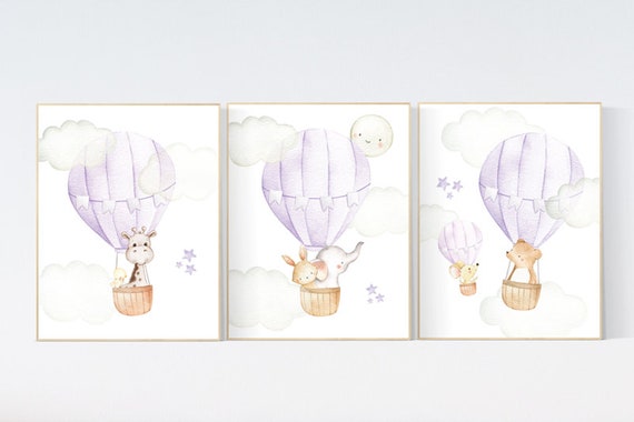 Nursery decor girl lavender, hot air balloon nursery purple, hot air balloon nursery animal, lilac nursery, elephant, giraffe, bear, bunny