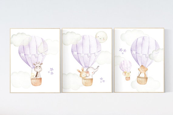 Girl nursery wall art, Hot air balloon prints, purple nursery, lilac nursery, woodland nursery, animal prints, lavender nursery, girls room