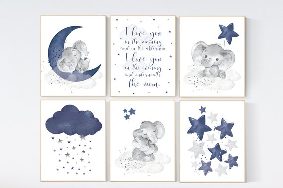 Nursery decor boy elephant, nursery wall art boy, moon and stars, navy blue, elephant nursery art, boys room decor, boy nursery ideas