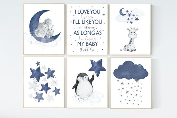 Nursery decor boy elephant, nursery wall art boy, moon and stars, navy blue, penguin, giraffe, navy nursery set, boys nursery wall decor