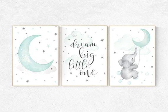 Nursery decor elephant, dream big little one, gender neutral nursery, Mint nursery decor, cloud and star nursery, aqua, turquoise nursery