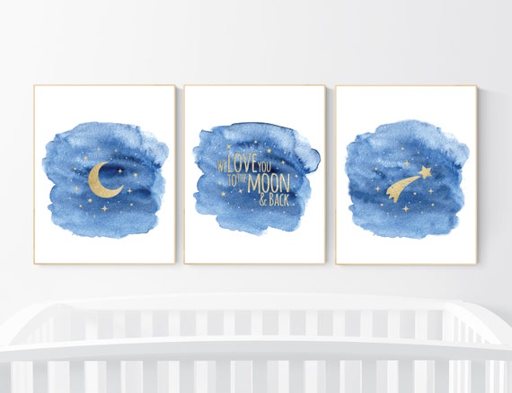 Navy nursery decor, cloud and stars, moon and stars, navy gold nursery art. baby room wall art, boy nursery decor, set of 3, nursery art