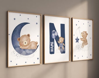 Navy Blue Bear Nursery Print: Teddy Bear Wall Art