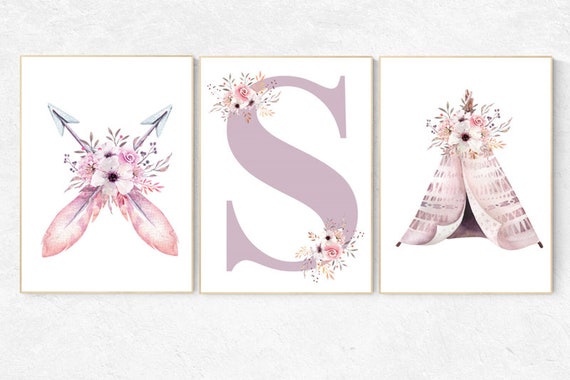 Nursery decor girl boho, purple nursery, baby girl nursery, woodland, nursery decor girl floral, nursery girl name, boho art, baby room