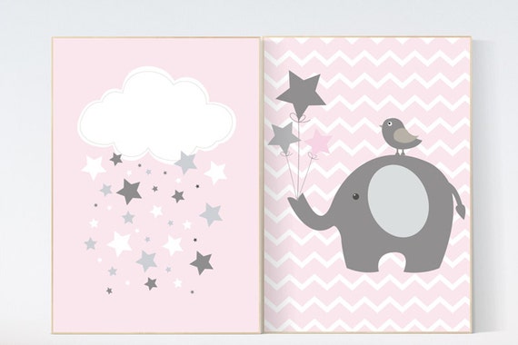 Elephant nursery decor, cloud nursery decor, baby girl nursery decor, pink nursery decor, girls room wall art, nursery prints girl baby gift