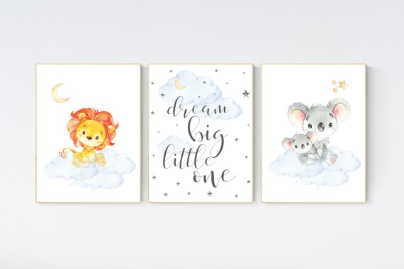 Animal nursery, gender neutral, blue yellow, moon and stars, lion, koala nursery, bear, neutral colors, woodland, dream big little one