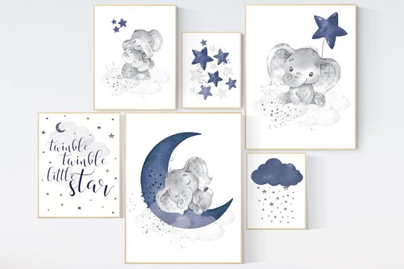 Nursery decor boy elephant, nursery wall art boy, navy Blue, moon and stars, navy nursery, boy nursery decor, elephant nursery art, star