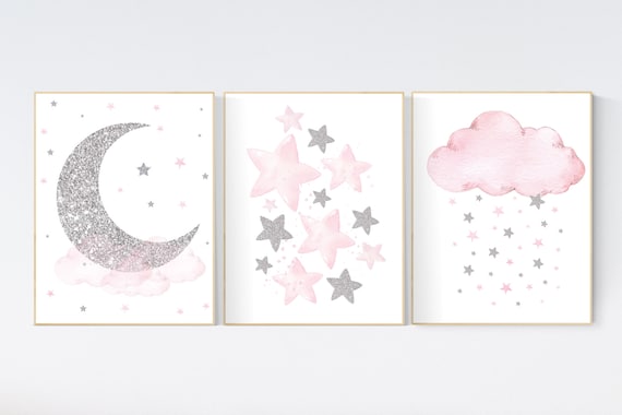 Nursery wall art girl, pink and silver nursery, cloud, stars, pink nursery art, cloud and stars, baby room decor for girls, pink silver