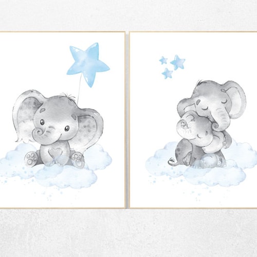 Nursery Decor Boy Elephant Nursery Wall Art Elephant Baby Etsy