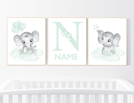 Animal nursery, Mint nursery decor, elephant nursery, name print, mint green nursery decor, mint green, moon and stars, gender neutral