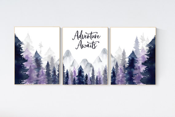Nursery decor woodland, mountain wall art, tree nursery decor, adventure theme nursery, forest, navy, purple nursery, woodland animals