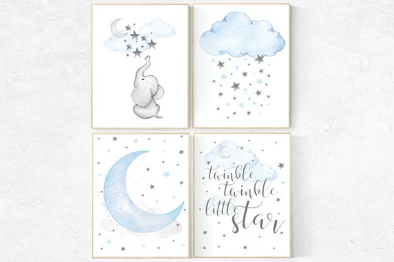 Blue Gray Nursery Art, nursery decor elephant, nursery decor boy cloud, twinkle twinkle little one, blue and gray elephant nursery boys room