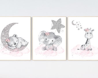 Animal nursery, nursery decor girl pink silver, nursery decor girl woodland animals, teddy bear, elephant, giraffe, baby girl nursery prints