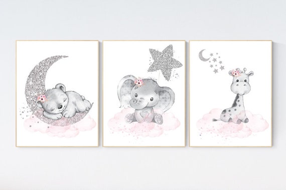 Animal nursery, nursery decor girl pink silver, nursery decor girl woodland animals, teddy bear, elephant, giraffe, baby girl nursery prints