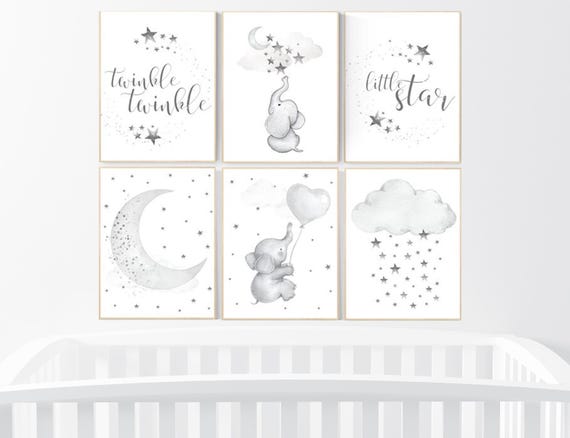 Nursery decor elephant, gray nursery, moon and stars, grey nursery, neutral nursery, gender neutral, elephant, twinkle twinkle little star