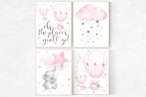 Nursery decor hot air balloons, Nursery decor elephant, nursery decor pink and gray, oh the places you'll go, pink nursery, hot air balloon